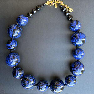 VTG Joan Rivers Chunky Acrylic Lucite Necklace Blue Black Beads‎ Gold Tone 20"